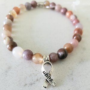 Beaded Stretch Jasper Gemstone Bracelet with Silver Hope Ribbon Charm